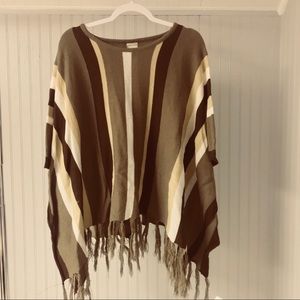 OS Striped Poncho w Fringe Trim